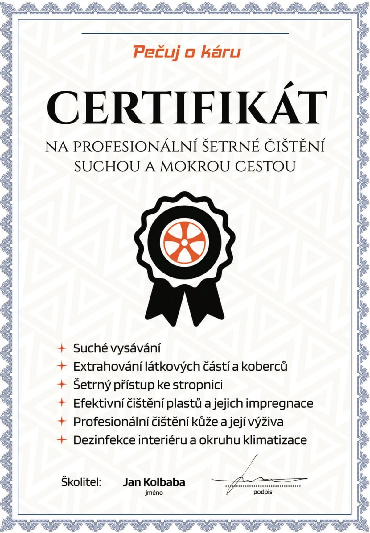 Certifikát na profesionální čištění interiérů, Robert Lepieš